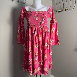 Torrid 00 Women's Pink Floral‎ Off-Shoulder Mini Fit & Flare Dress M/L Summer